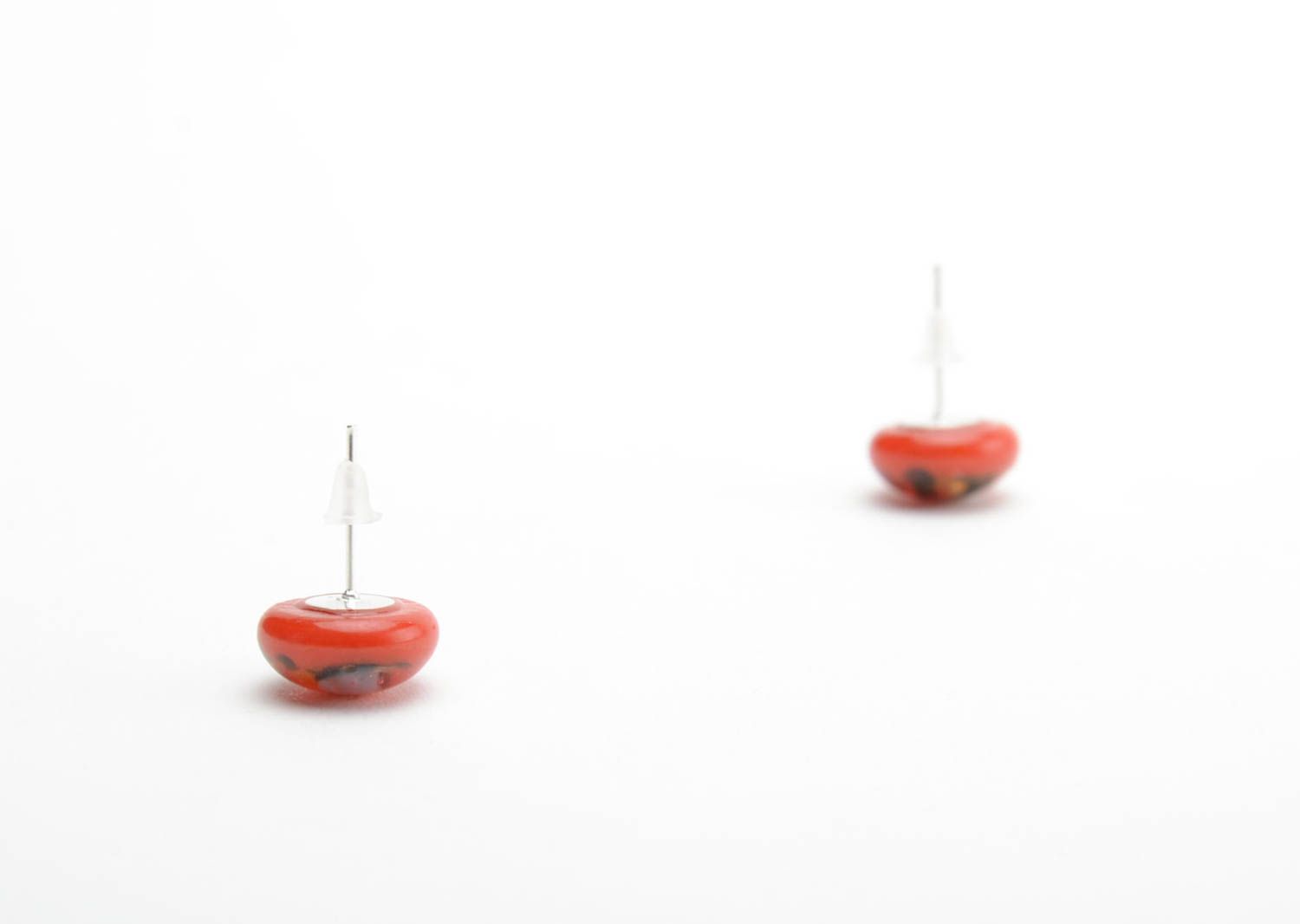 Red stud earrings glass fusing technique handmade round-shaped summer jewelry photo 4