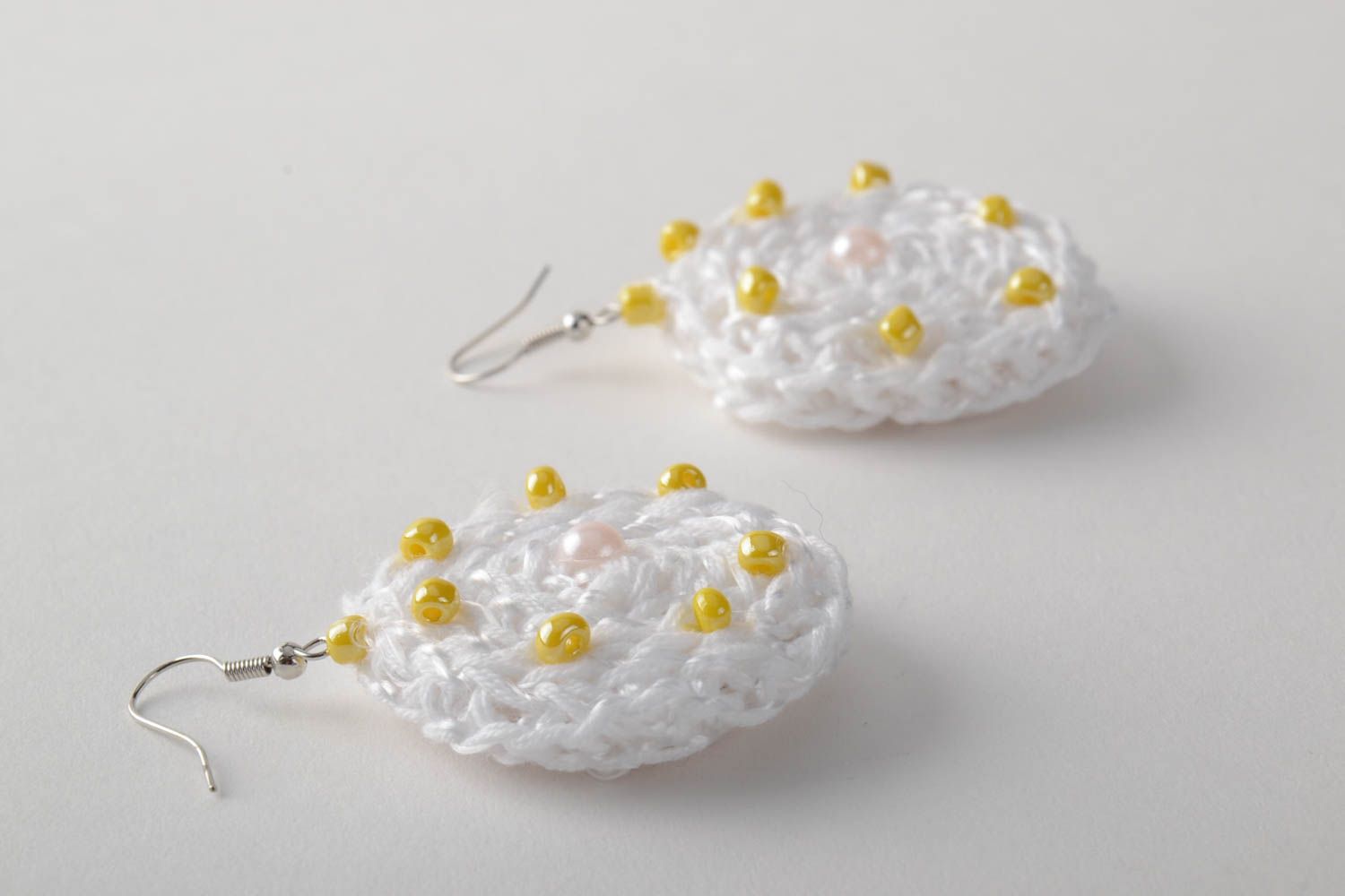 Beautiful handmade white round crochet earrings with beads designer jewelry photo 4
