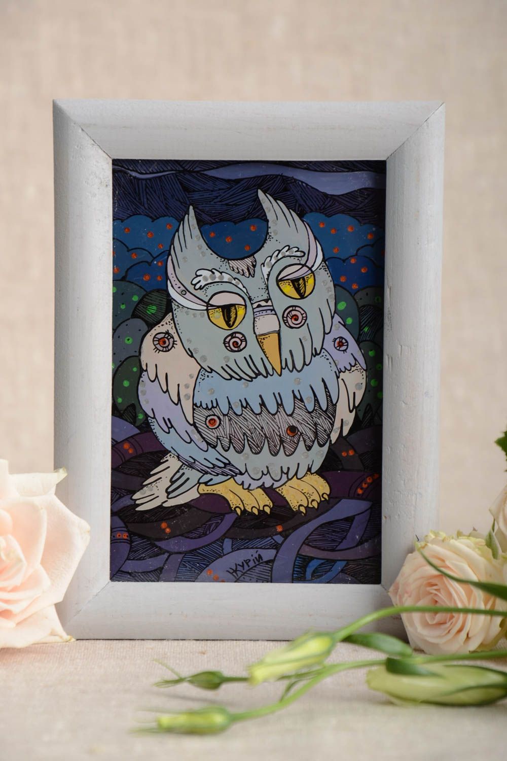 Beautiful handmade colorful oil painting in frame Owl interior decor photo 1