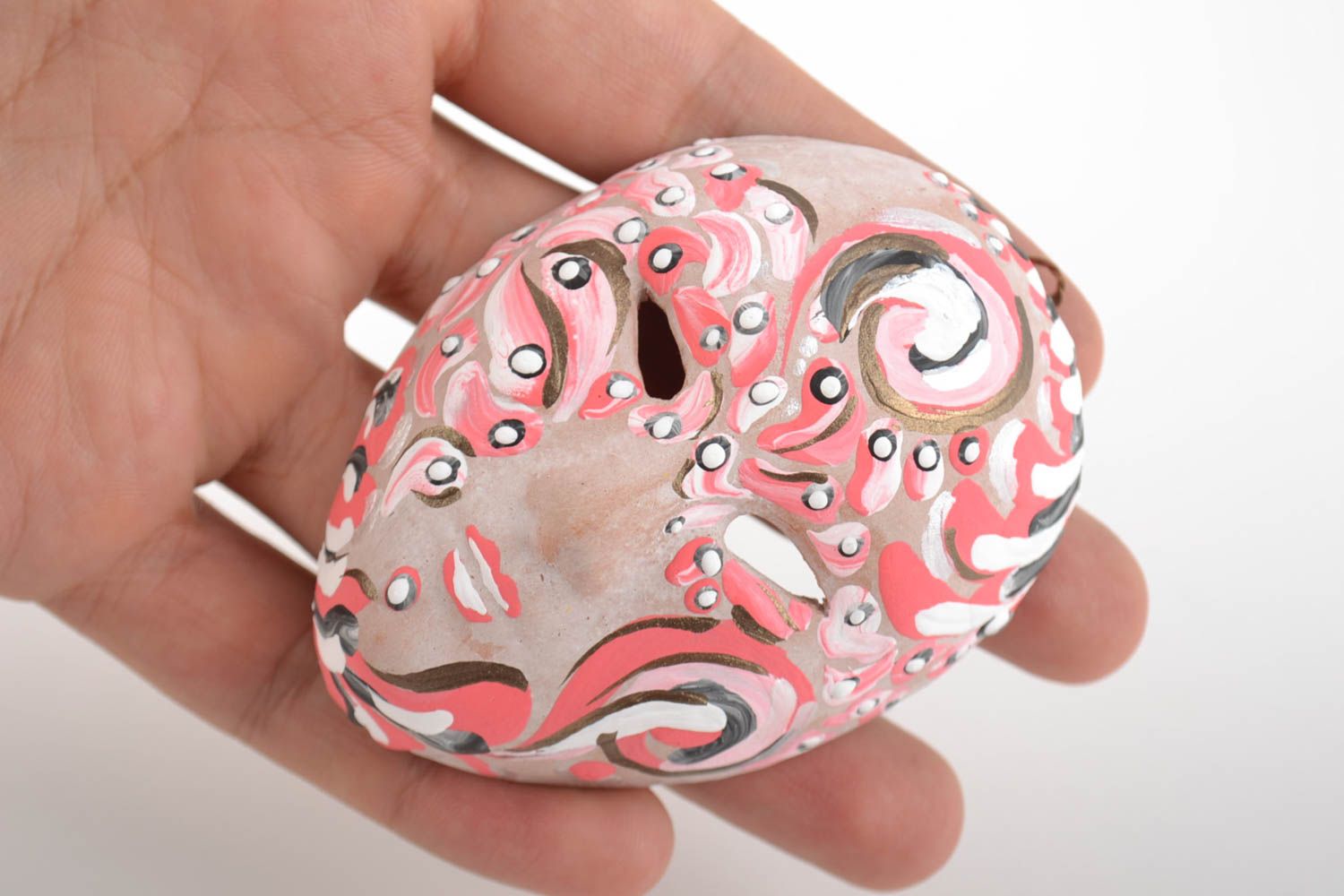 Handmade pink painted wall pendant carnival mask made of clay photo 2