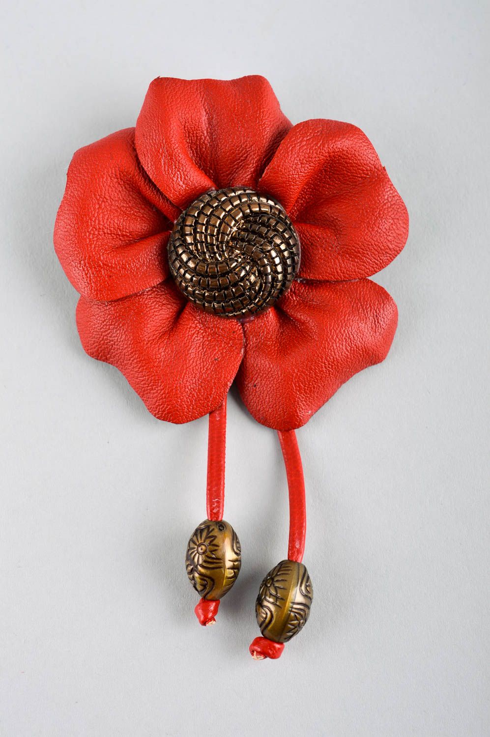 Handmade red flower brooch unusual leather brooch accessory in vintage style photo 2