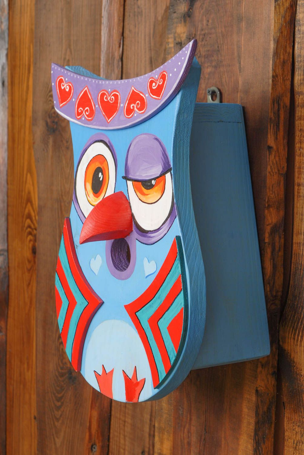 Nichoir en bois peint pour oiseau bleu en forme de hibou fait main décoratif photo 4