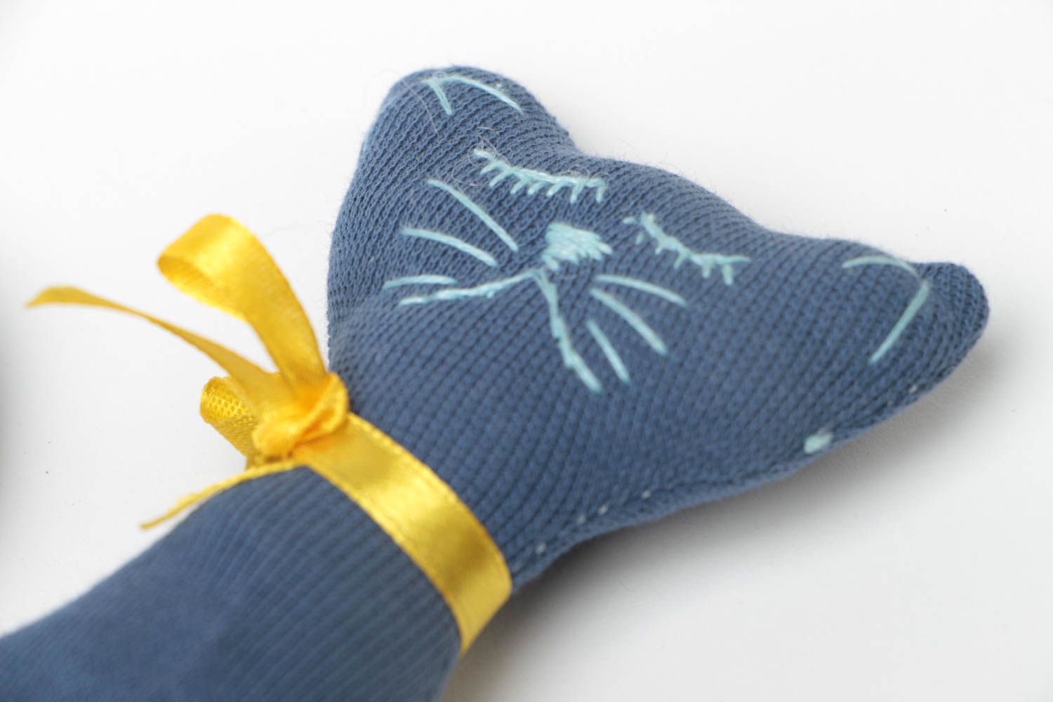 Handmade designer woolen fabric soft toy in the shape of blue sleeping cat  photo 3