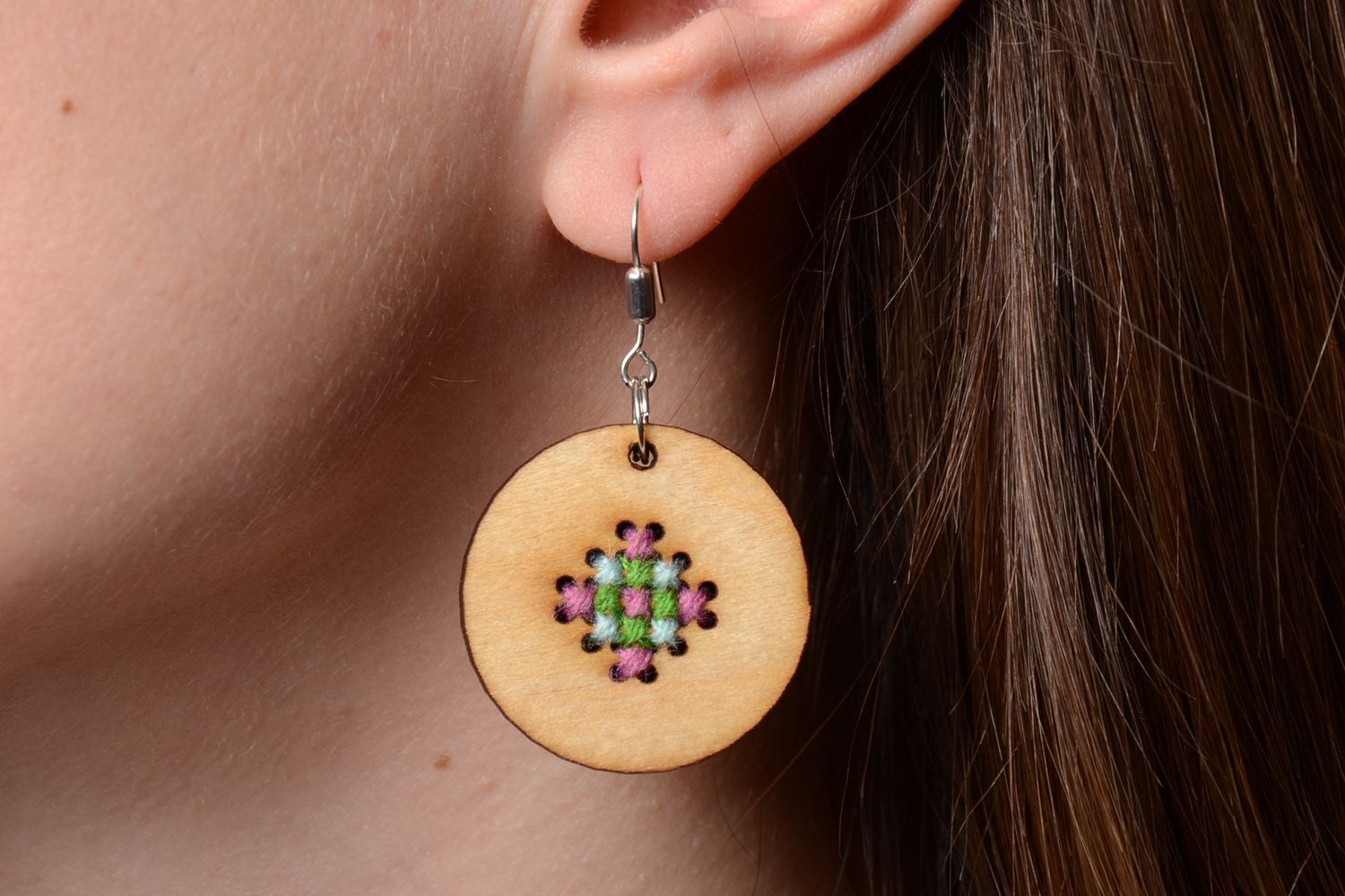 Handmade jewelery set made of plywood necklace and earrings with cross-stitch embroidery photo 5