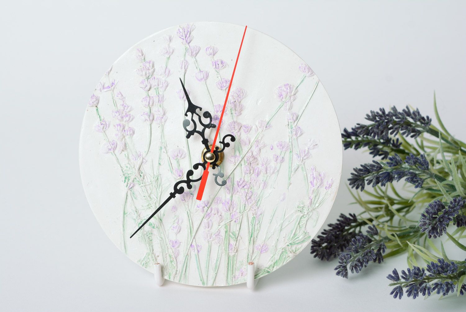 Handmade plaster round wall clock with embossing in the shape of lavender photo 1