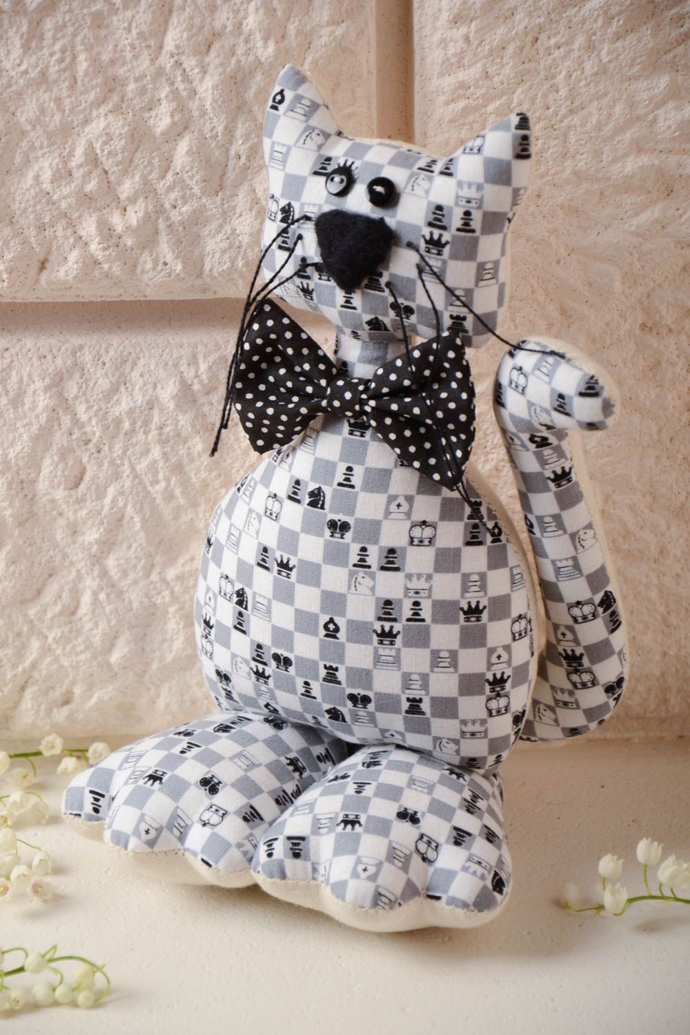 Handmade designer black and white cotton soft toy cat with polka dot bow tie photo 1
