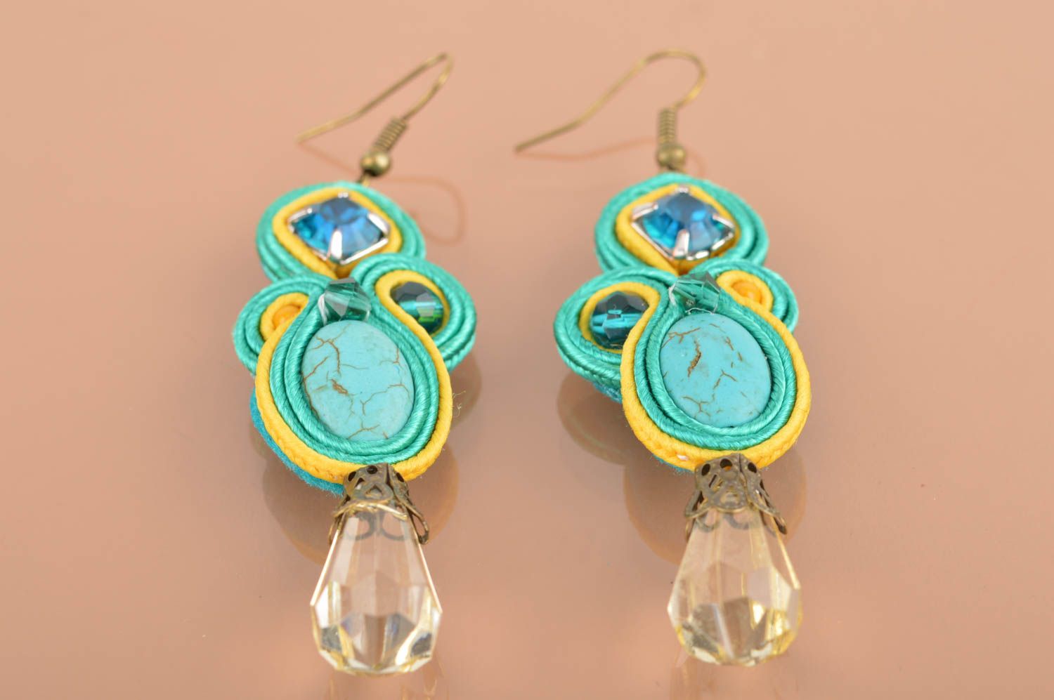 Bright handmade designer soutache earrings with beads for stylish girls photo 2