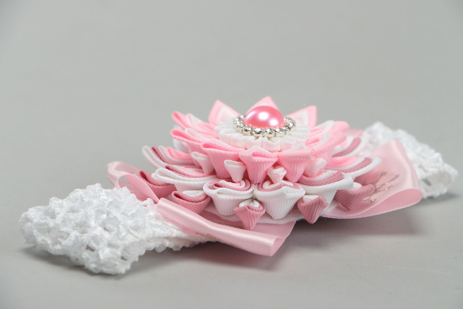 Tender handmade headband with pink flower created of satin ribbons for babies photo 2