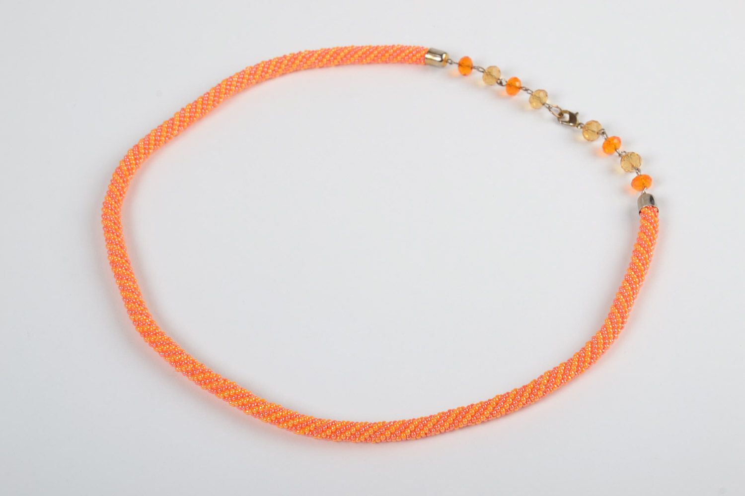 Beautiful stylish handmade women's long beaded necklace of orange color photo 2