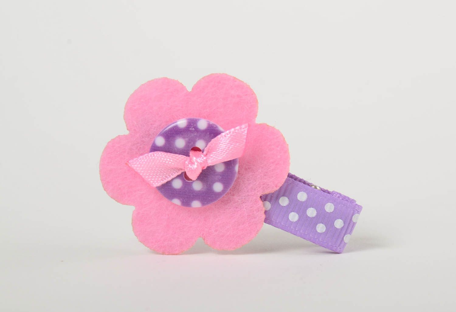 Cute hair clip made of rep ribbons and fleece with a button handmade barrette photo 4