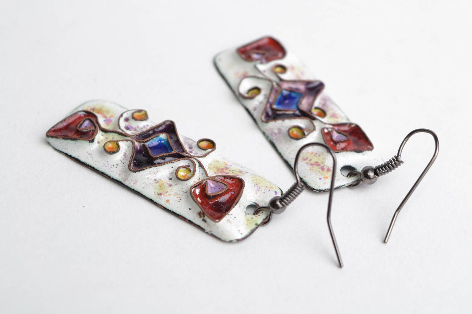 Handmade designer enameled copper dangling earrings of rectangular shape  photo 4