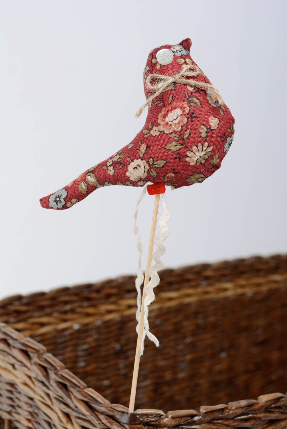 Fabric bird on stick for soil of flowerpots burgundy handmade interior accessory photo 1