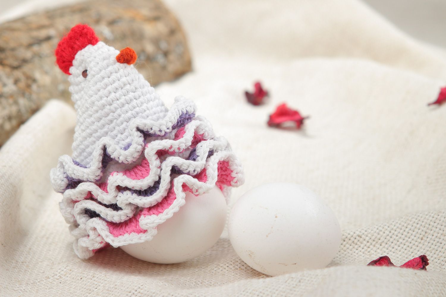 Handmade Easter chicken crocheted of cotton threads decoration for painted eggs photo 5