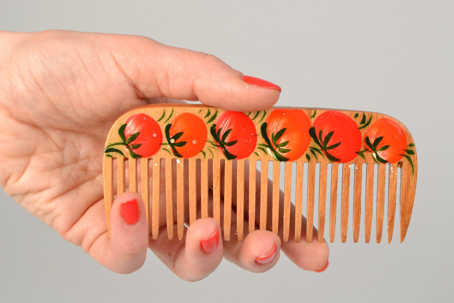 Homemade wooden hair comb with Petrikov painting Tomatoes photo 2