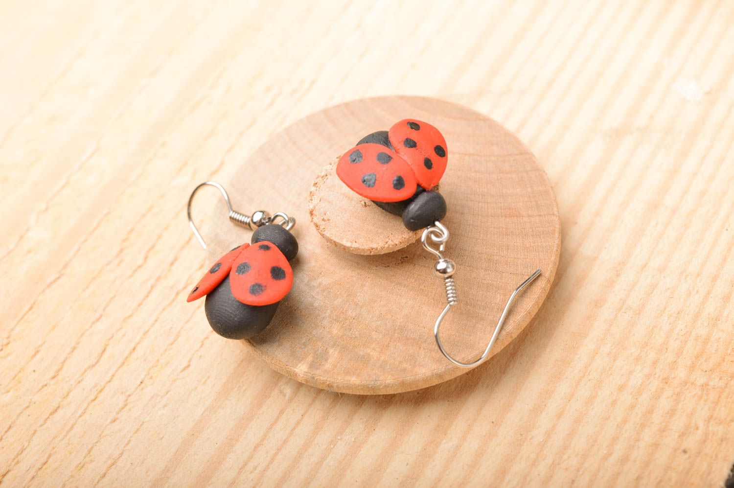 Handmade designer cute dangle earrings with cold porcelain ladybugs  photo 1