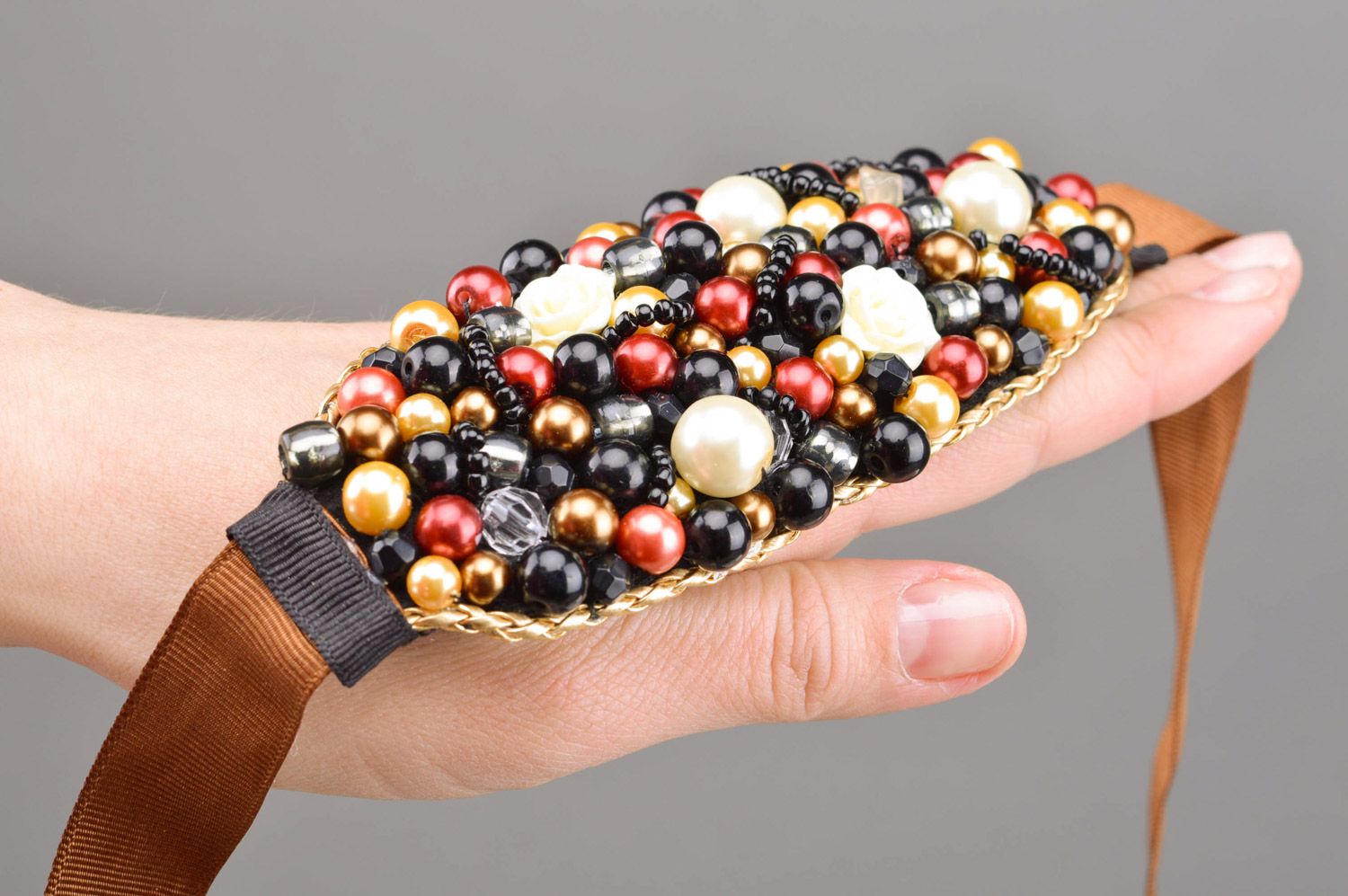 Handmade dark bead embroidered wrist bracelet with felt basis and ribbons  photo 4