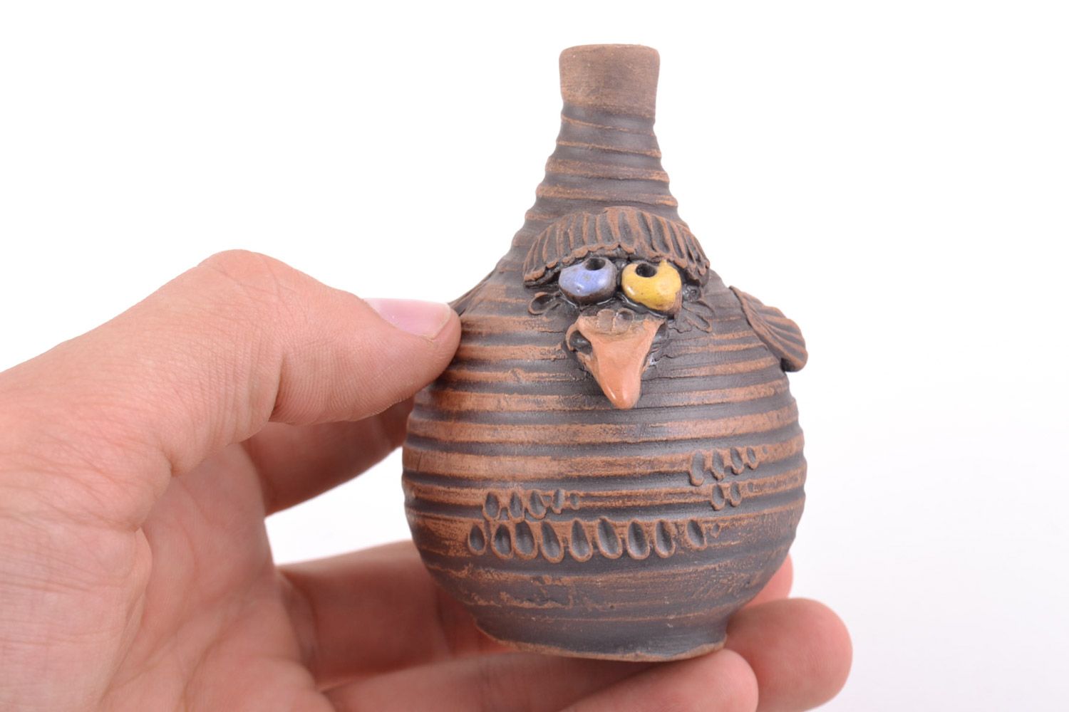 Handmade ceramic souvenir figurine of sad crow painted with glaze and kilned photo 2