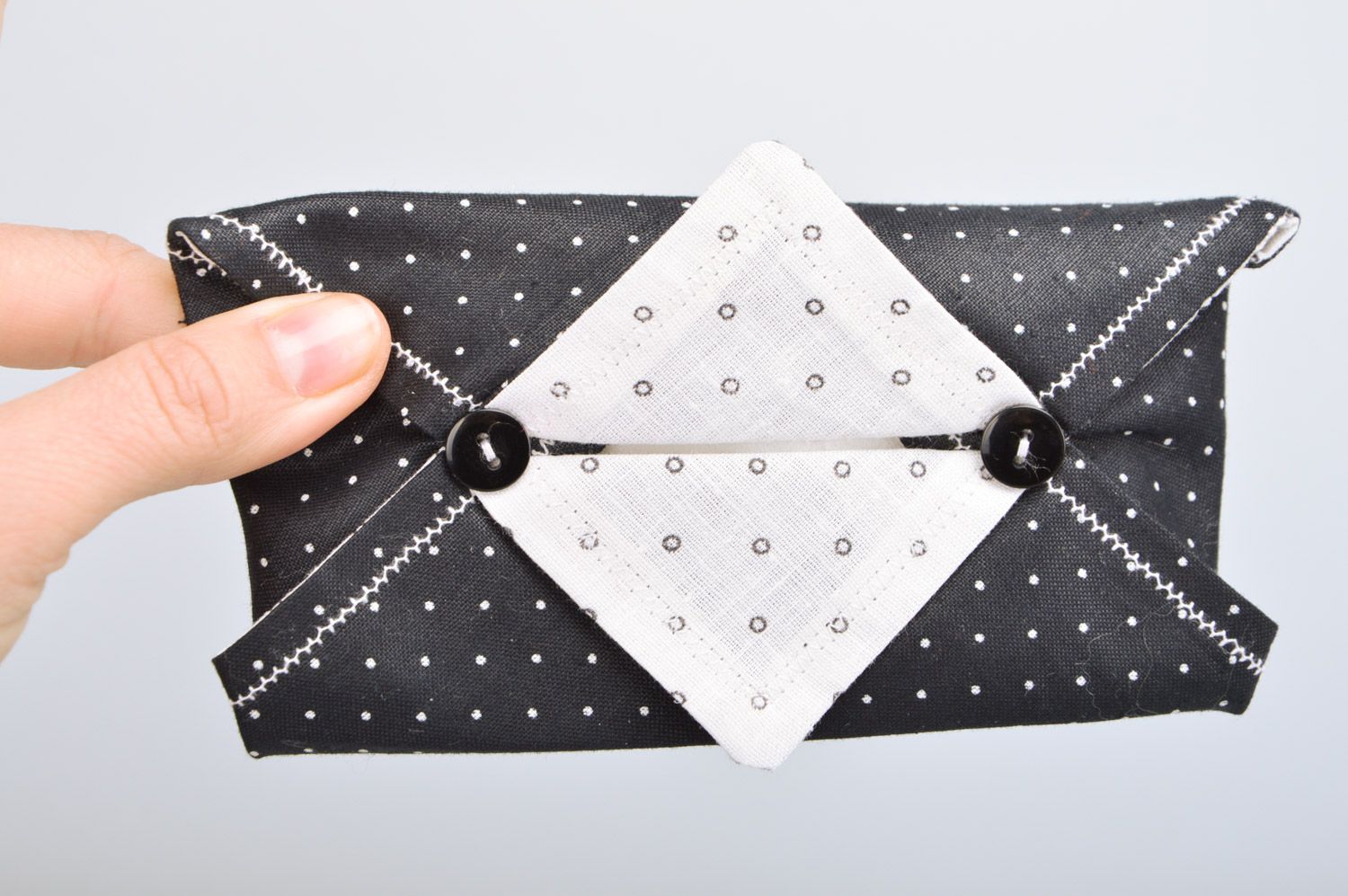 Set of handmade sleep eye mask and napkin holder sewn of polka dot black cotton  photo 2