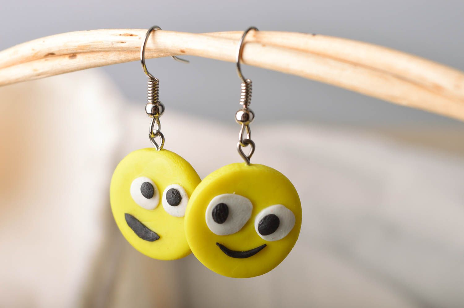 Handmade beautiful round yellow earrings smiles made of cold porcelain photo 1