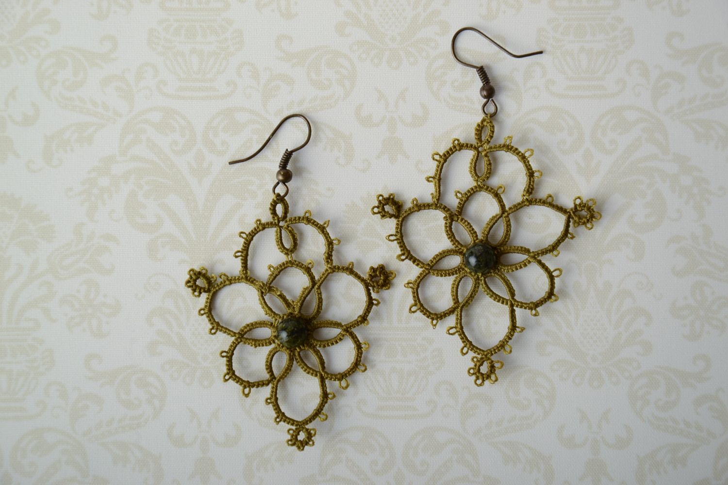 Crochet earrings with beads Olive photo 1