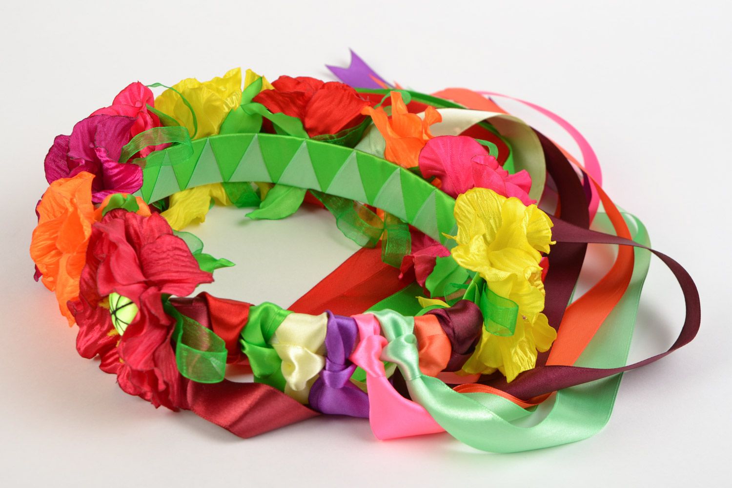 Handmade bright multicolored flower head wreath with satin ribbons photo 5