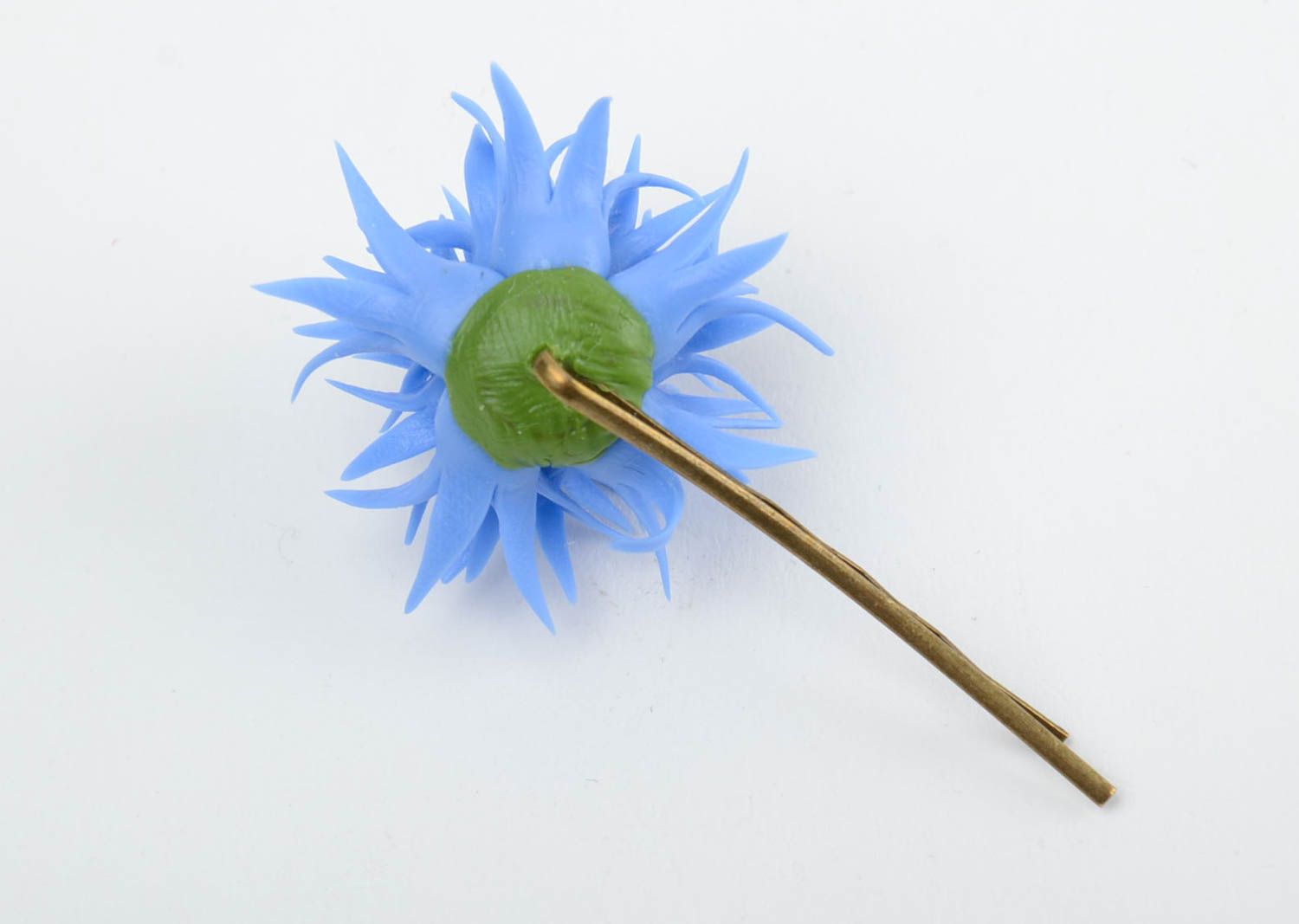 Handmade decorative metal hair pin with cold porcelain volume blue cornflower photo 5