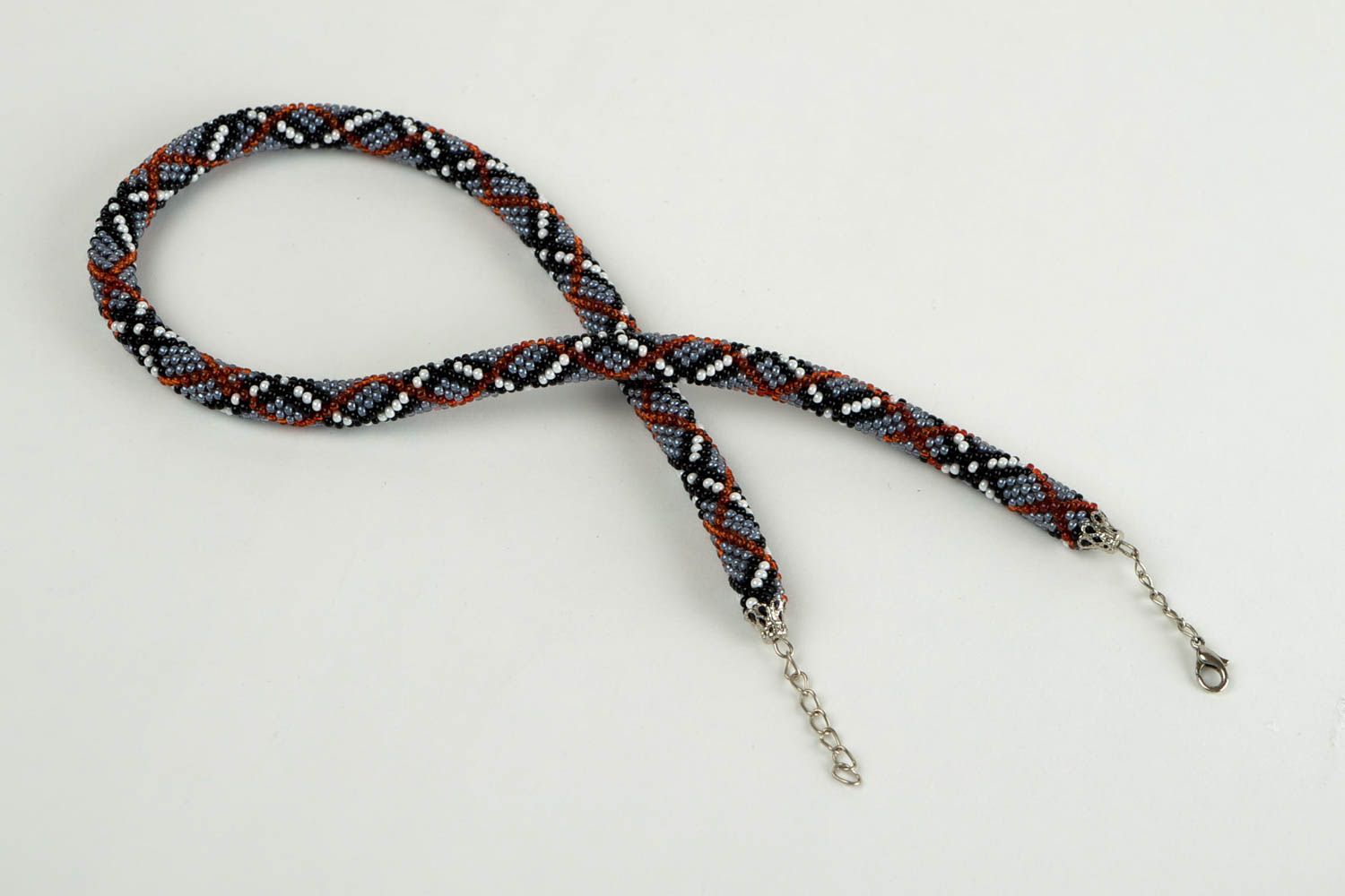 Handmade fashion jewelry beaded cord necklace crocheted gray accessory  photo 2