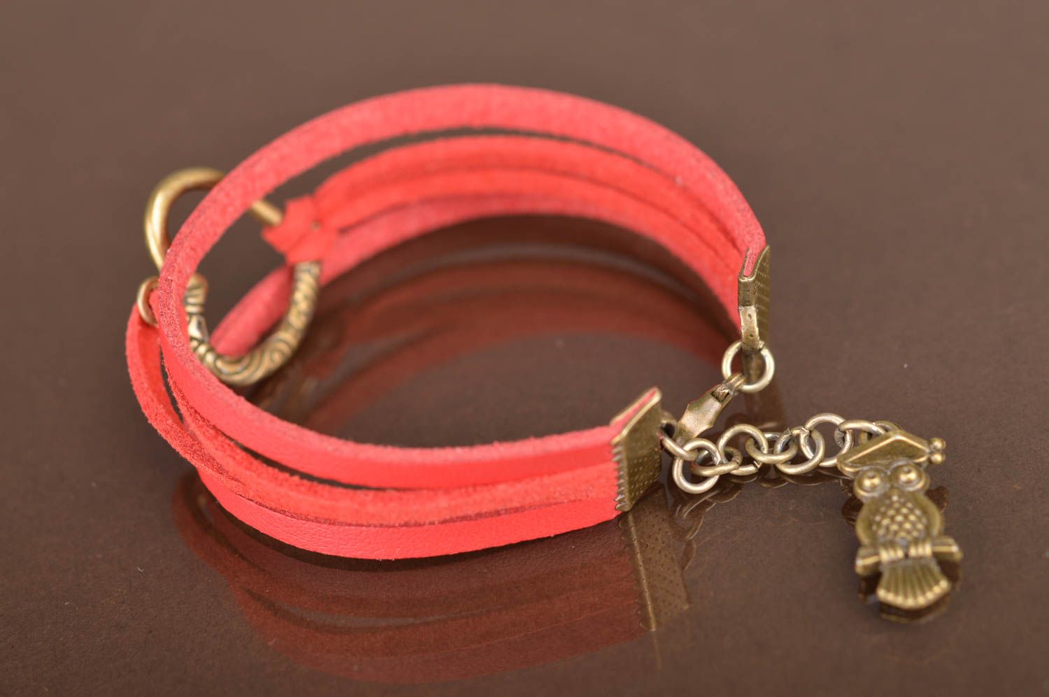 Beautiful women's handmade red leather bracelet with metal heart shaped charm  photo 3