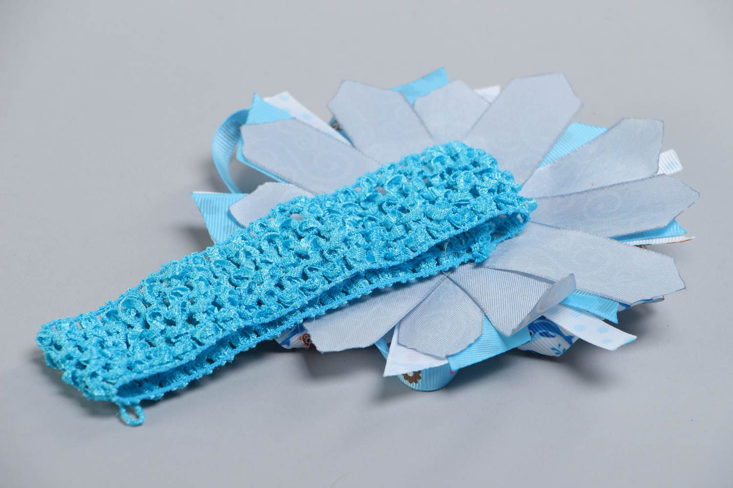 Tender handmade headband with stretch basis and bright blue satin ribbon bow photo 4