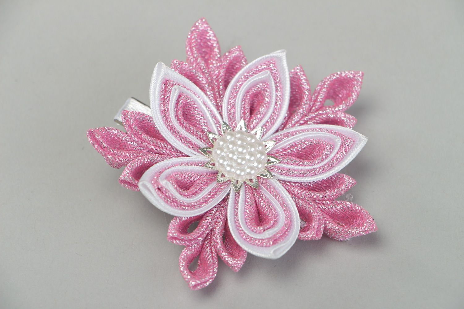 Handmade small tender hair clip with kanzashi flower of white and pink colors  photo 1