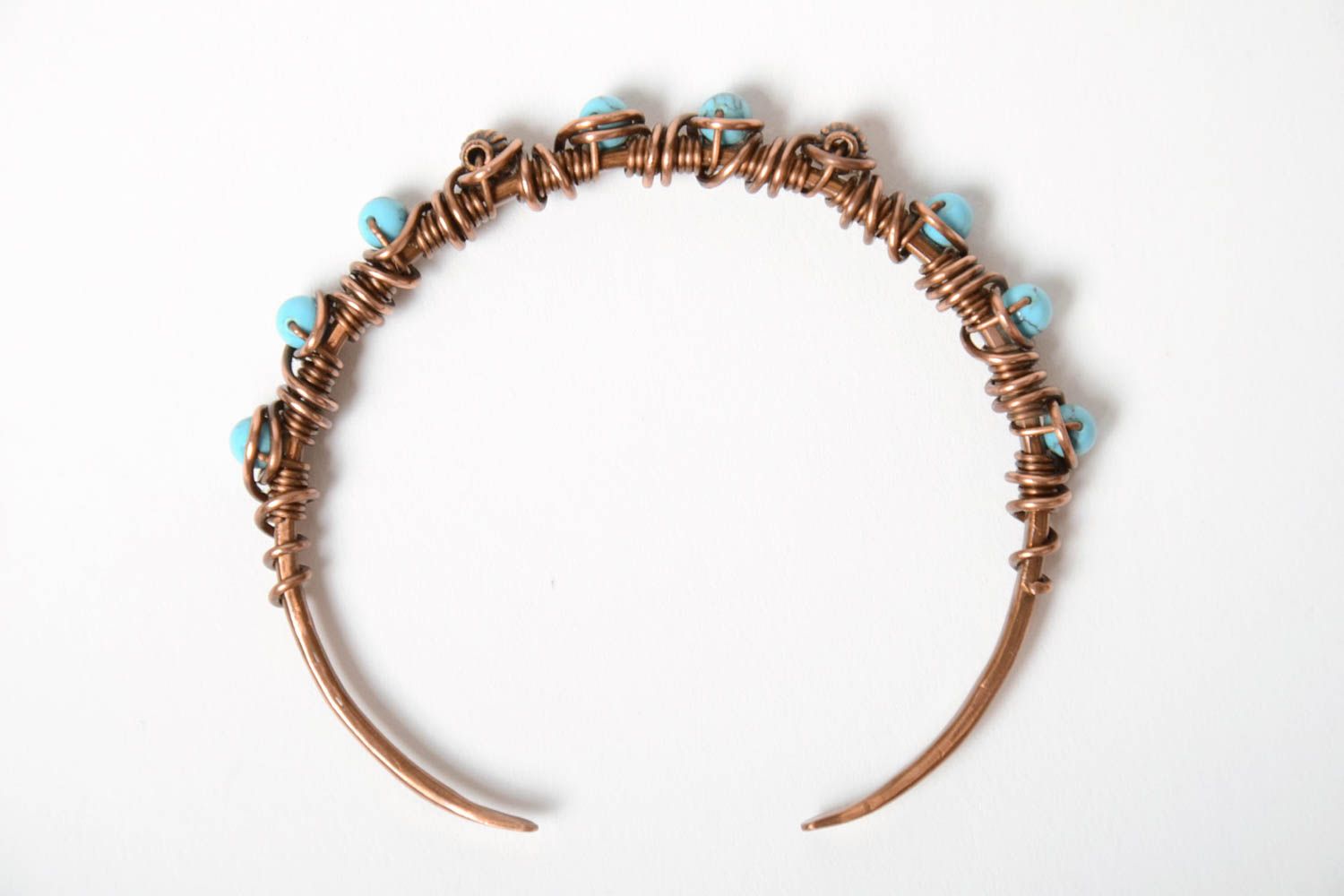 Thin handmade designer wire wrap copper wrist bracelet with turquoise beads photo 5