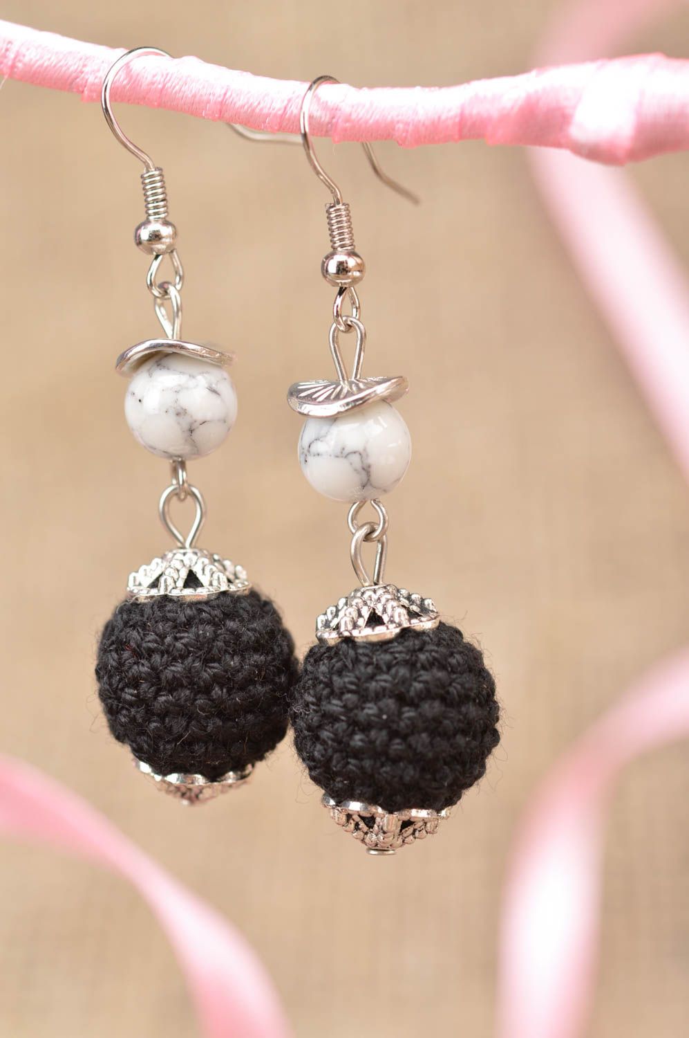 Unusual beautiful handmade earrings with crocheted over beads black and white photo 1