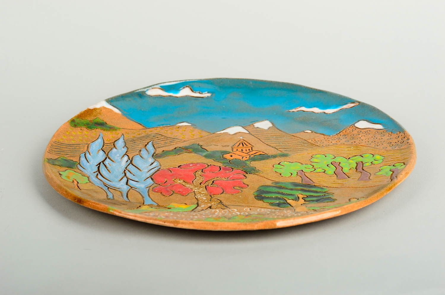 Керамическая тарелка хэнд мэйд глиняная посуда расписная тарелка Горный пейзаж фото 5