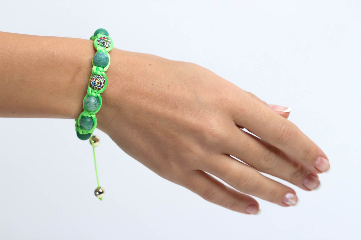 Strand handmade light green rope bracelet natural dark green stones for women photo 5