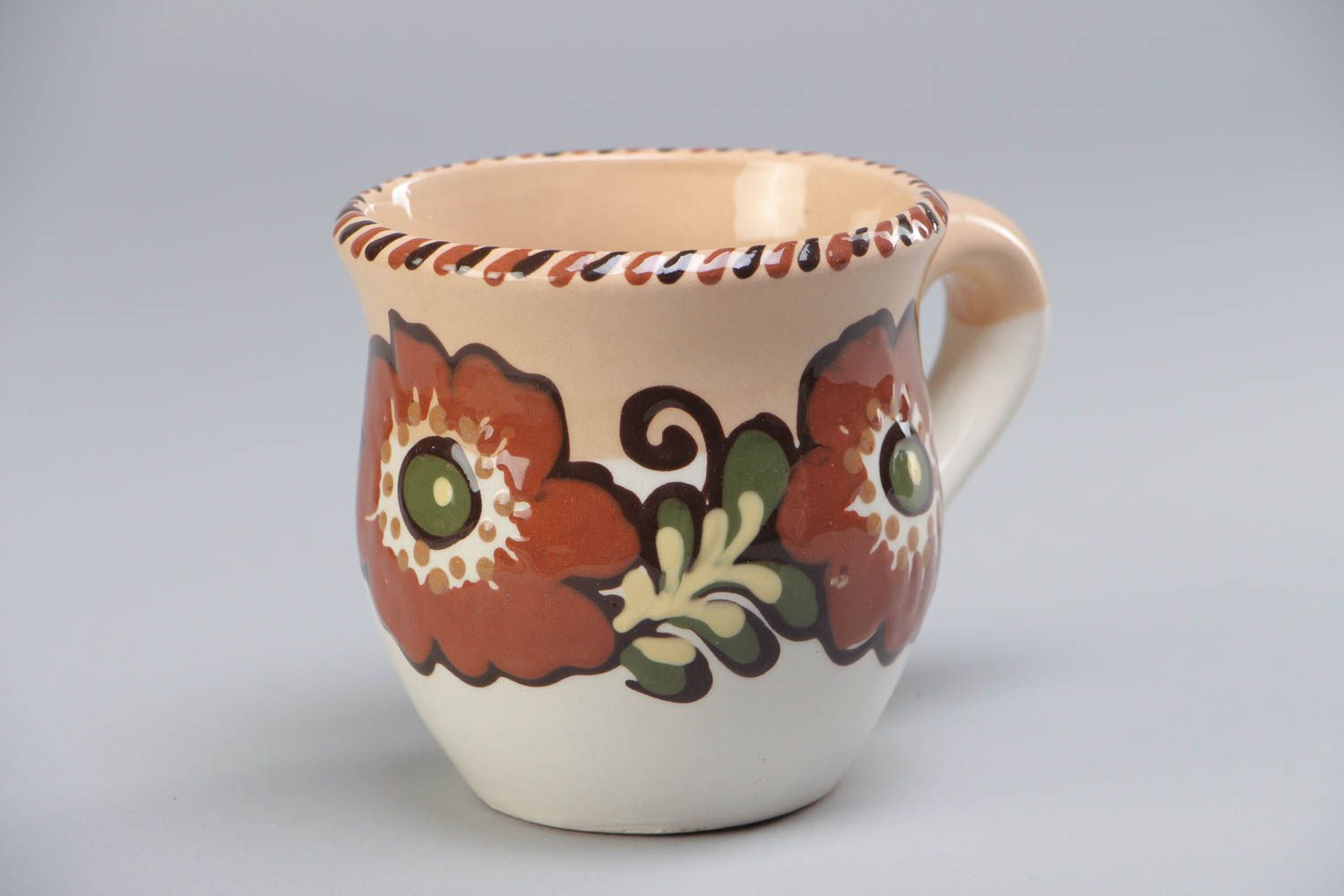 8 oz clay glazed coffee cup with handle and brown flower pattern photo 2