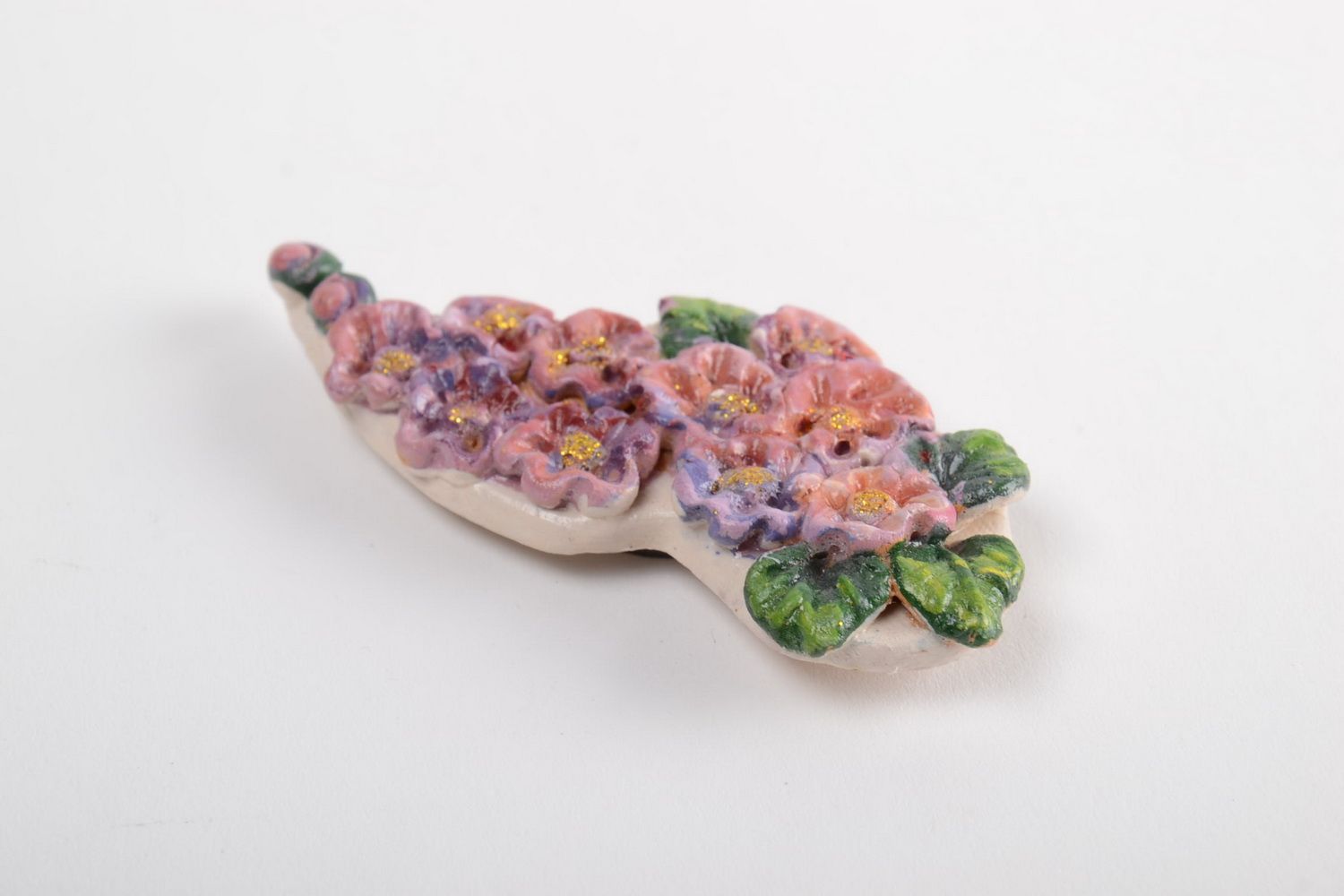 Глиняный магнит на холодильник расписанный красками ручной работы Цветы фото 2