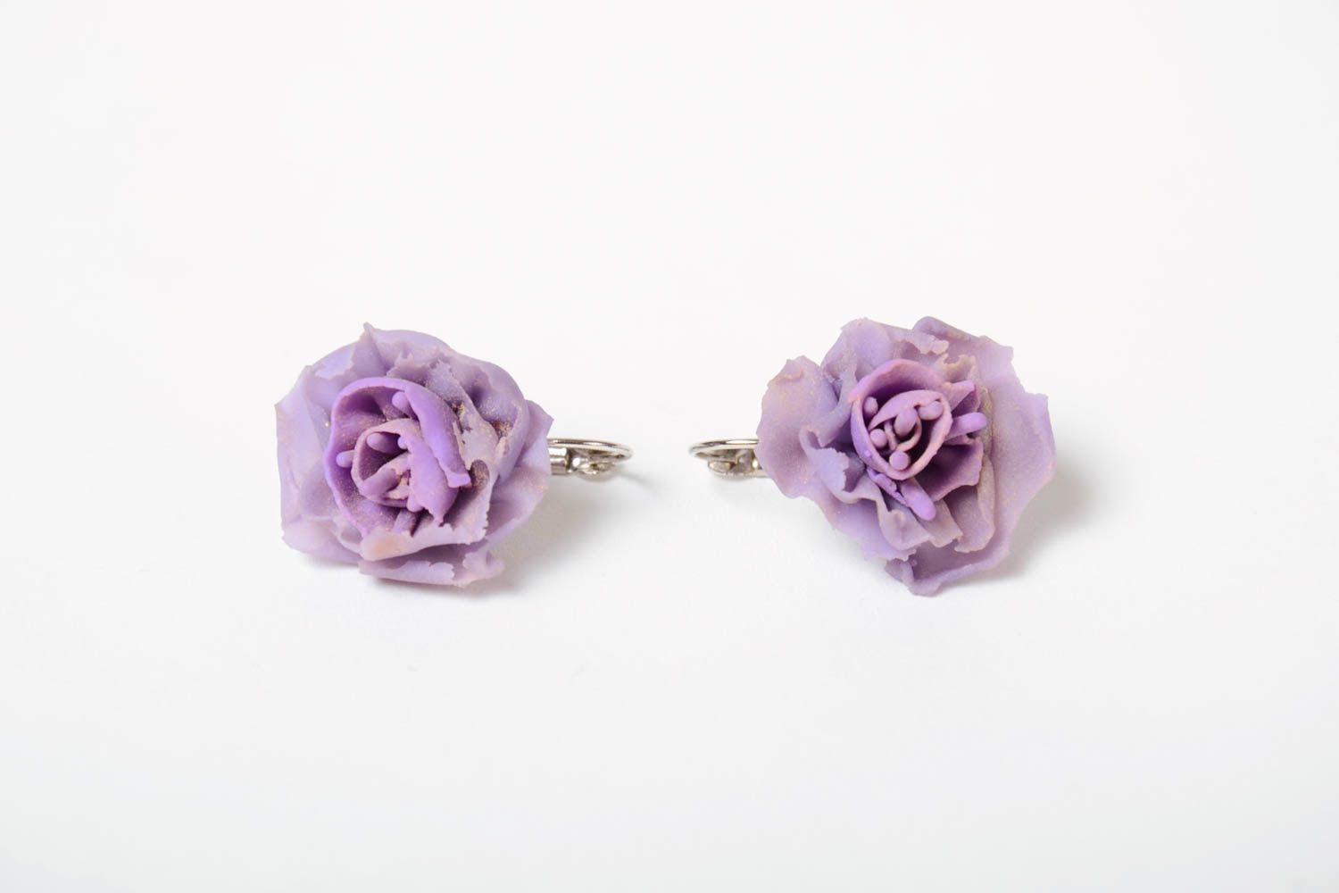 Unusual beautiful lilac handmade plastic flower earrings for women photo 5