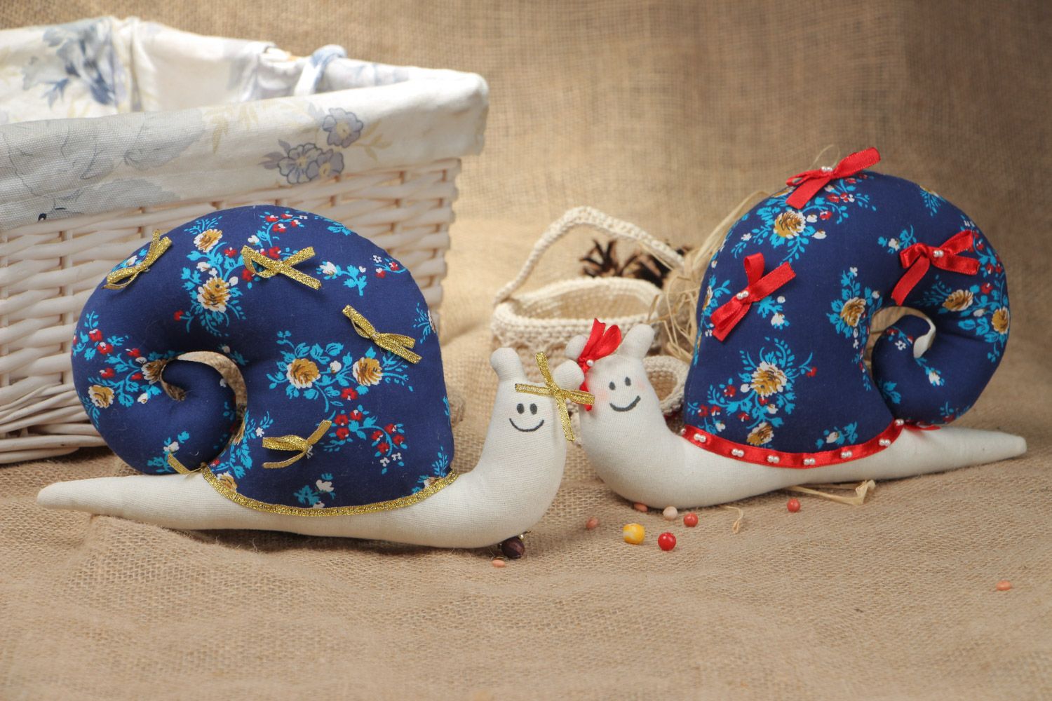Set of 2 cute handmade soft toys sewn of colorful fabrics Snails for children photo 1