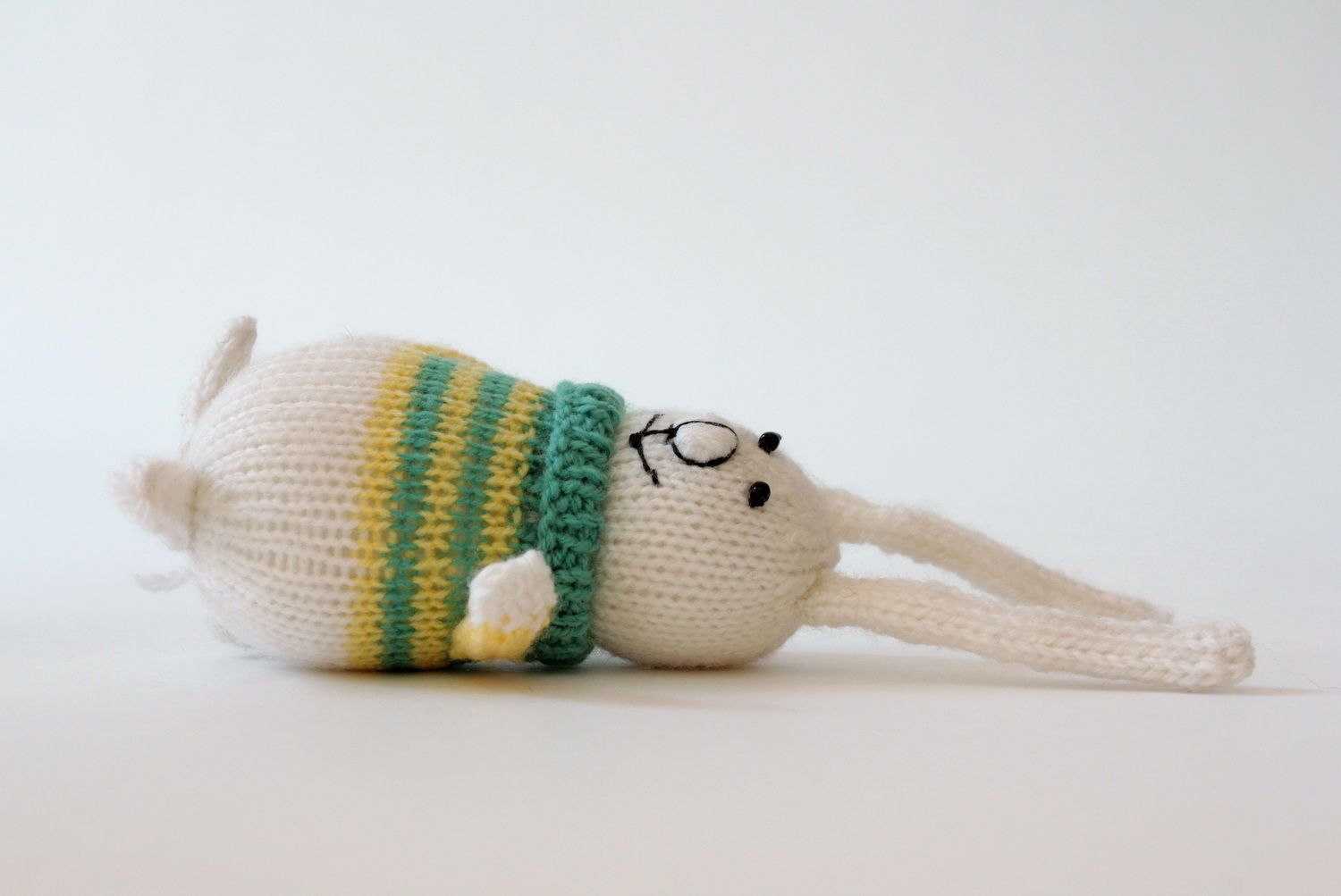 Knitted toy Baby rabbit in yellow-green sweater photo 3