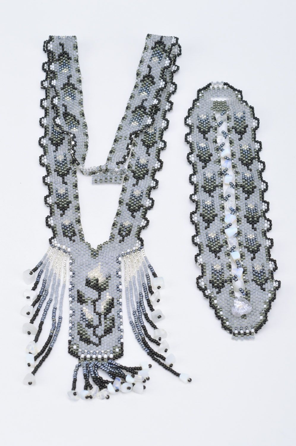 Handmade women's jewelry set 2 items beaded gerdan necklace and bracelet Shades of Gray photo 5