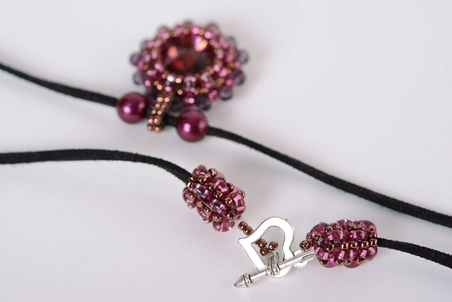 Beautiful elegant handmade woven Czech bead pendant with suede cord photo 5
