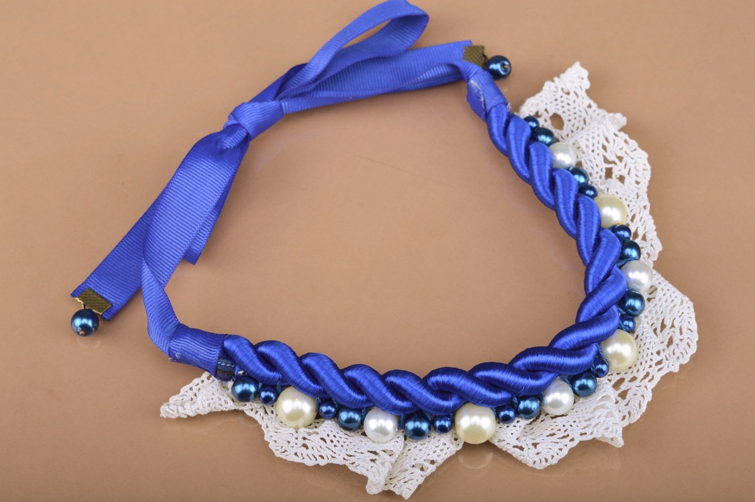 Handmade festive collar necklace with beads and lace in blue and white colors  photo 1