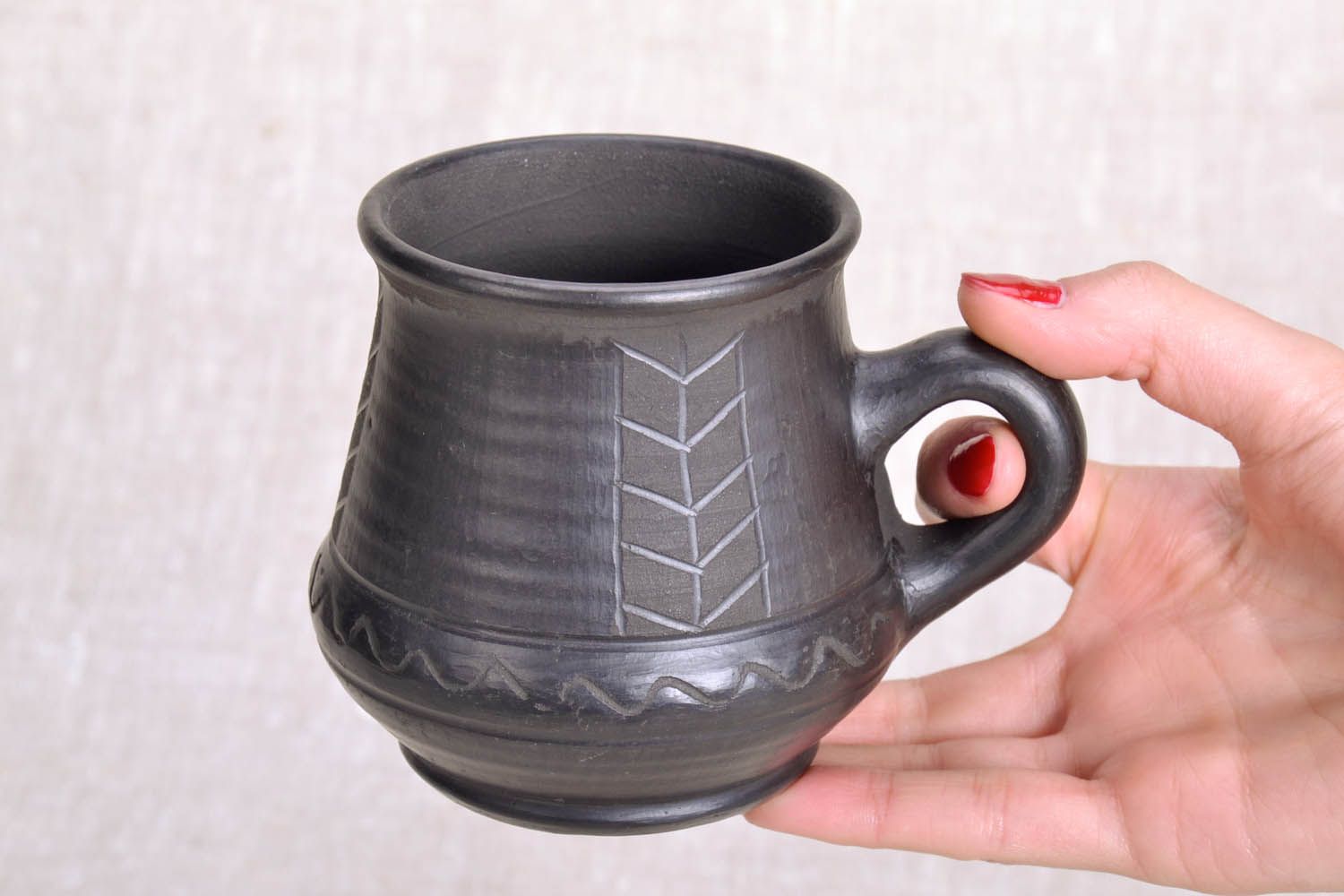 XL 16 oz jar shape black clay coffee or tea cup with handle photo 5