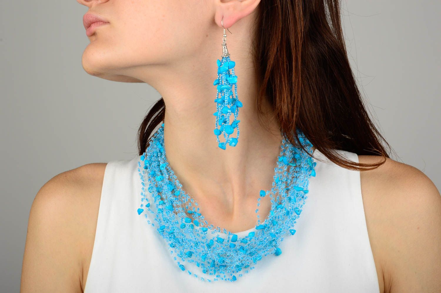 Handmade Mode Accessoires Schmuck Set lange Ohrringe Halskette Damen blau foto 5