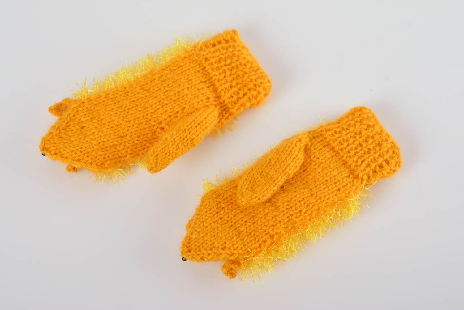 Bright handmade knitted yellow mittens made of wool warm soft winter accessory photo 3