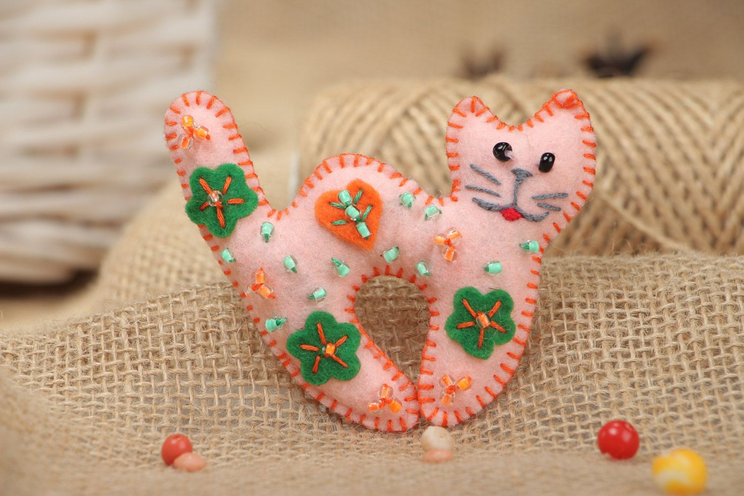 Homemade small soft toy sewn of pink felt little kitten with flowers and beads photo 1