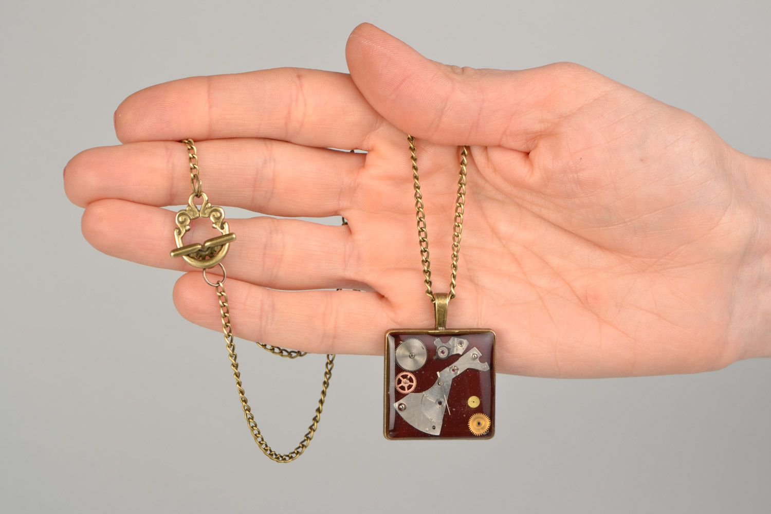 Handmade square neck pendant with epoxy resin in steampunk style on long chain  photo 2