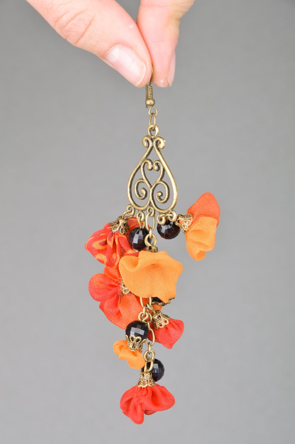 Handmade long fabric flower earrings of red and orange colors with beads photo 3
