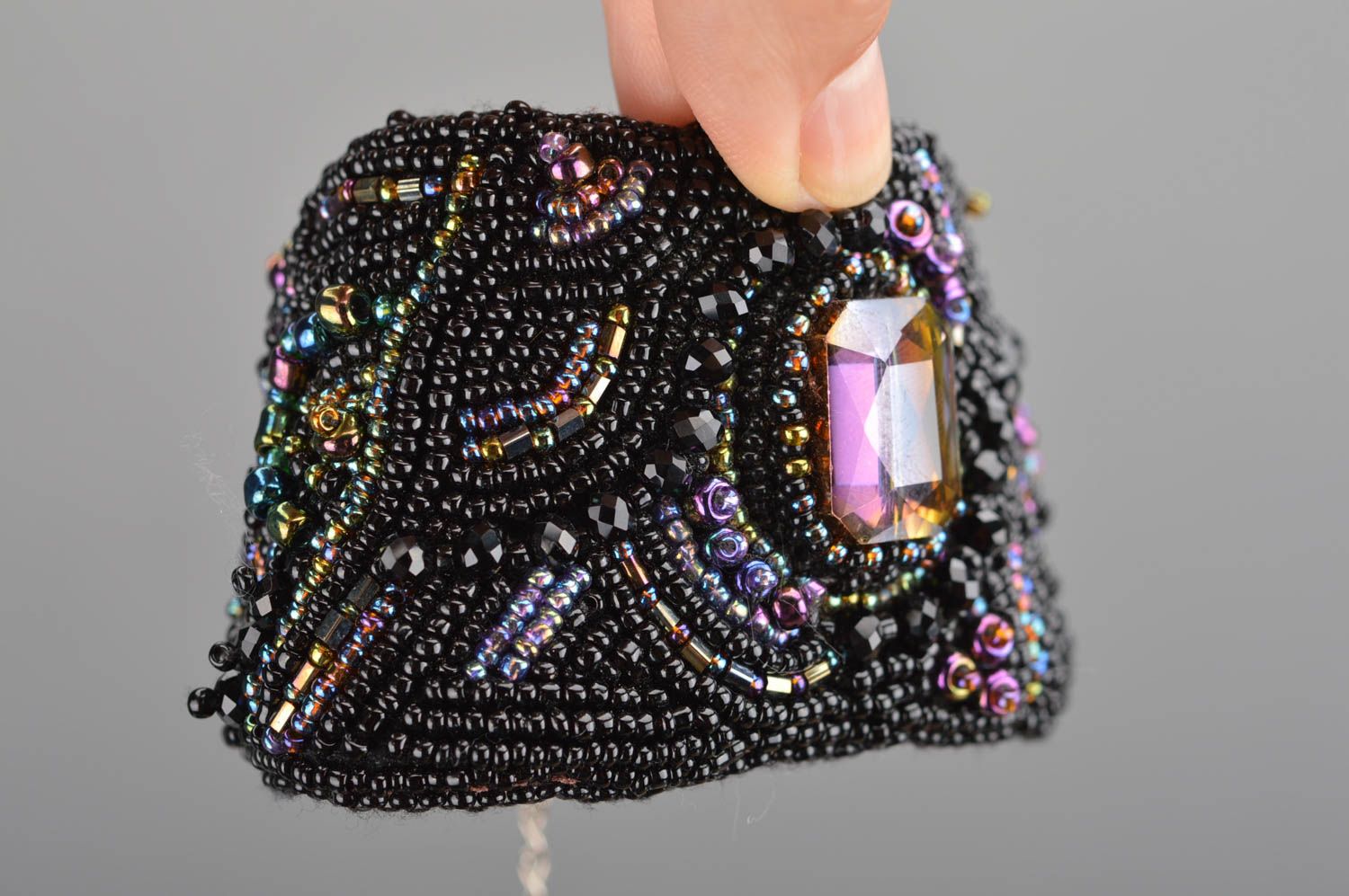 Wide beaded bracelet handmade black stylish designer for girls evening jewelry photo 3