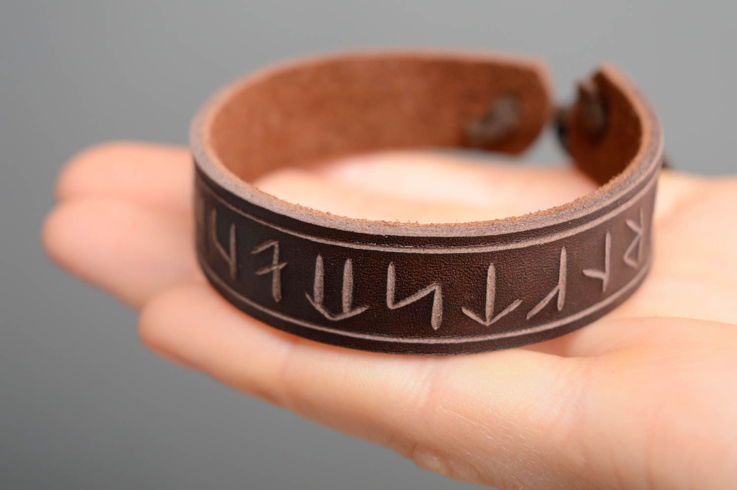 Dark brown genuine leather bracelet with runes photo 4